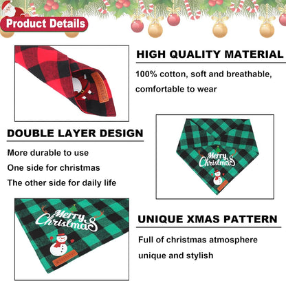 2 Pack Dog Bandana Christmas Classic Plaid Pet Scarf Triangle Bibs Kerchief Merry Christmas Santa Snowman Print Pet Bandana for Medium Large Dogs Pets (Large, Red&Green)